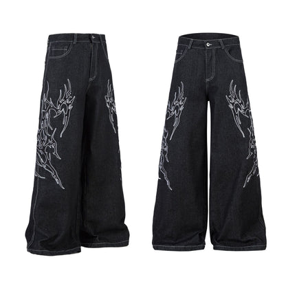 Retro Embroidered Loose Fit Denim Jeans