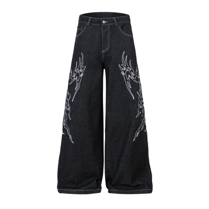 Retro Embroidered Loose Fit Denim Jeans